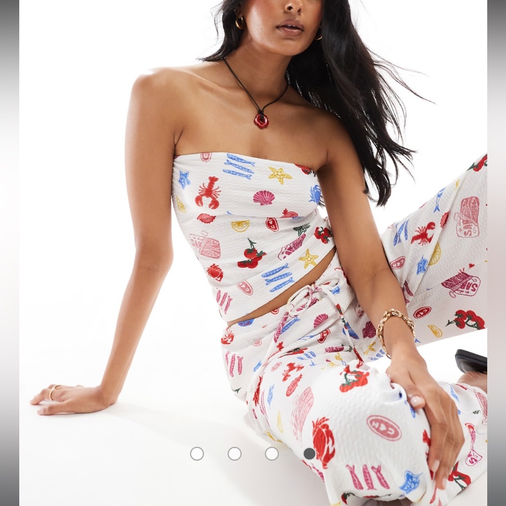 ASOS DESIGN textured wide leg pants & tube top set in summer food print